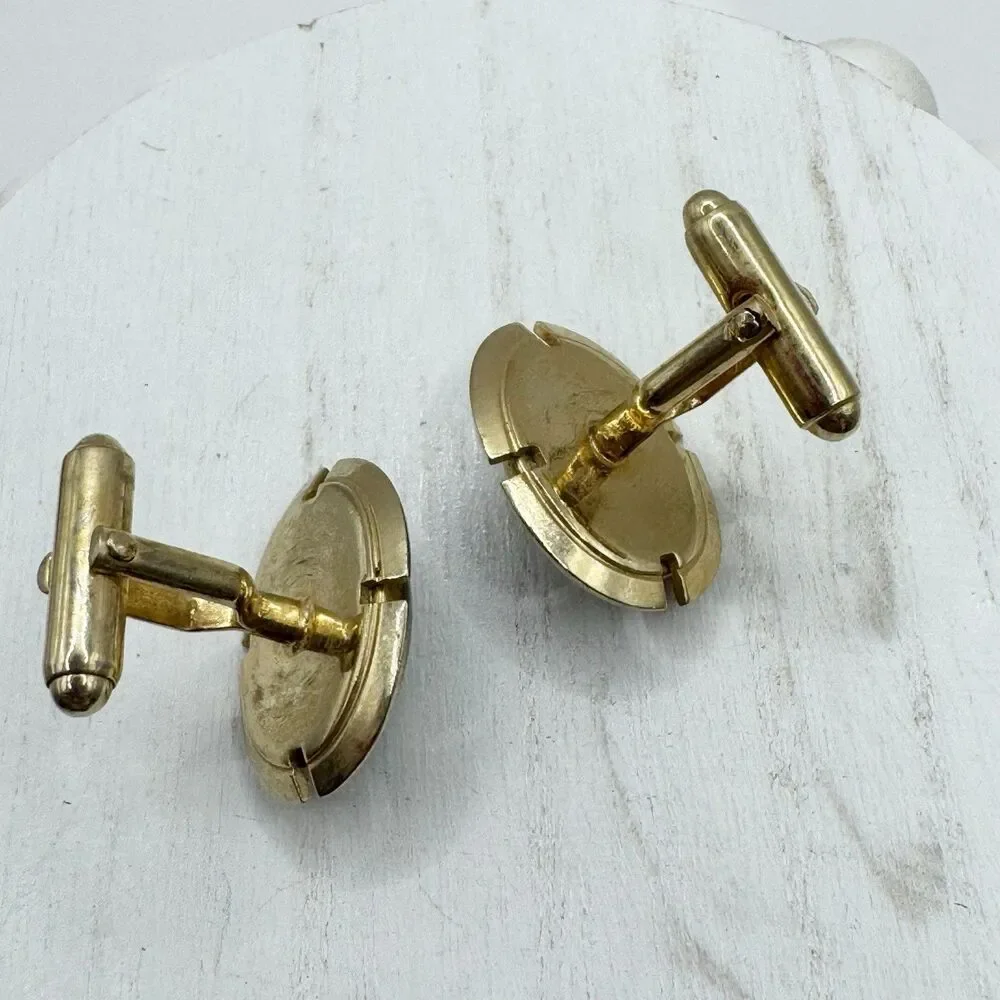 Anson Vtg MCM Green Faux Jade Cabochon Oval Gold wedding Cufflinks Mid Century